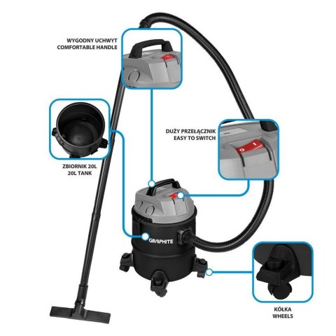 ODKURZACZ PRZEMYSŁOWY 1200W 20L ZBIORNIK Z TWORZYWA