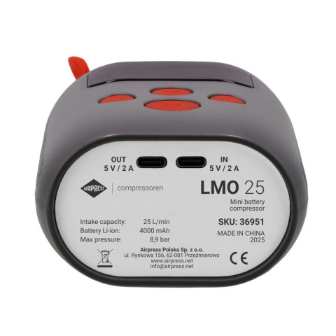 MINI KOMPRESOR AKUMULATOROWY LMO 25 4000MAH 8.9BAR USB MINI KOMPRESOR AKUMULATOROWY LMO 25 4000MAH 8.9BAR USB