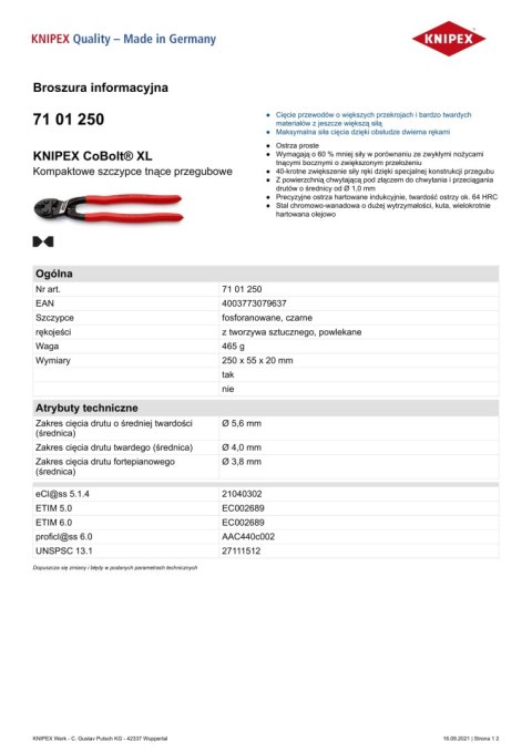 SZCZYPCE TNĄCE PRZEGUBOWE COBOLT XL 250MM KNIPEX