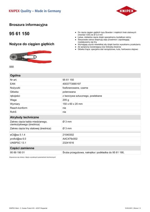 NOŻYCE DO LIN STALOWYCH 150MM. KNIPEX