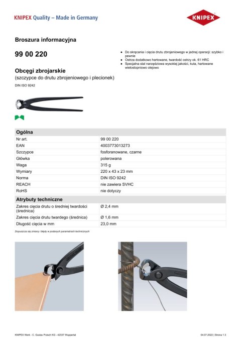 OBCĘGI ZBROJARSKIE DO DRUTU ZBROJENIOWEGO I PLECIONEK 220MM KNIPEX