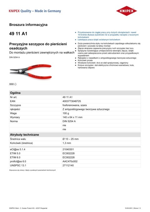 PRECYZYJNE SZCZYPCE DO PIERŚCIENI ZEW.PROSTE 140MM KNIPEX