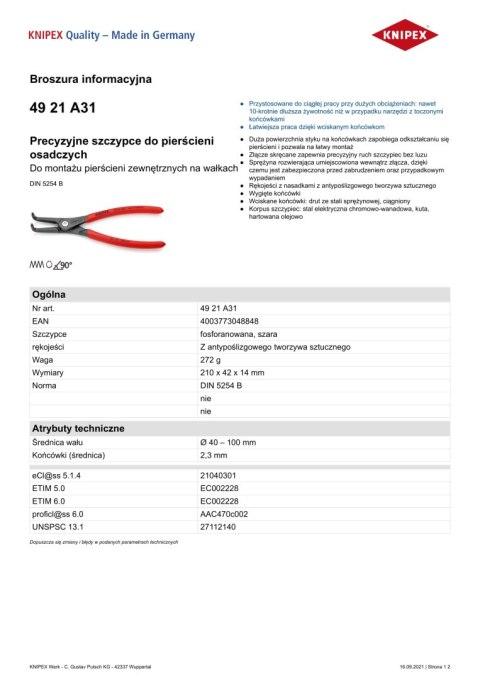 PRECYZYJNE SZCZYPCE DO PIERŚCIENI ZEW.WYGIĘTE 210MM KNIPEX