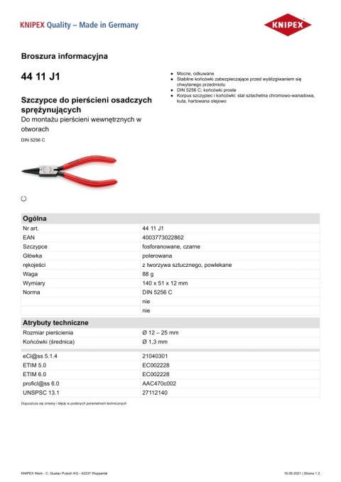 SZCZYPCE DO PIERŚCIENI SEGERA WEWNĘTRZNE PROST.140MM 12-25MM KNIPEX