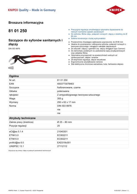 SZCZYPCE DO SYFONÓW SANITARNYCH I ZŁĄCZY 250MM, 25-80MM KNIPEX