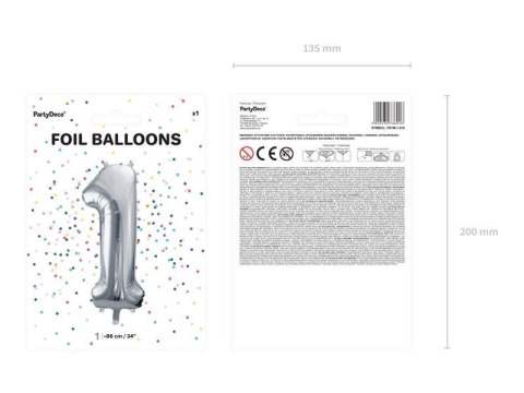 Balon foliowy Cyfra 1 srebrna, 86cm Balon foliowy Cyfra 1 srebrna, 86cm