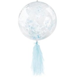 Balon przezroczysty z niebieskim konfetti i frędzlami, 45cm