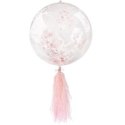 Balon przezroczysty z różowo-czerwonym konfetti i frędzlami, 45cm Balon przezroczysty z różowo-czerwonym konfetti i frędzlami, 45cm