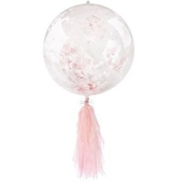 Balon przezroczysty z różowo-czerwonym konfetti i frędzlami, 45cm