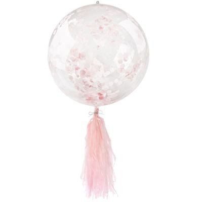 Balon przezroczysty z różowo-czerwonym konfetti i frędzlami, 45cm Balon przezroczysty z różowo-czerwonym konfetti i frędzlami, 45cm