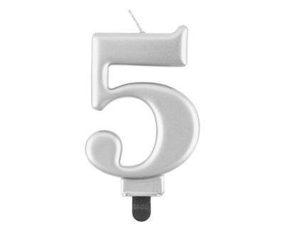 Świeczka cyferka 5, metalik srebrna 8 cm Świeczka cyferka 5, metalik srebrna 8 cm