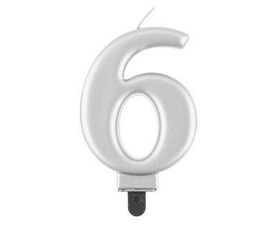 Świeczka cyferka 6, metalik srebrna 8 cm Świeczka cyferka 6, metalik srebrna 8 cm