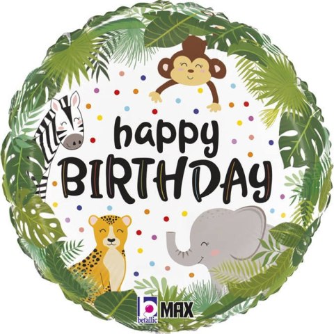 Balon Foliowy Happy Birthday dżungla Safari okrągły 46cm Balon Foliowy Happy Birthday dżungla Safari okrągły 46cm