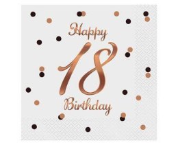 Serwetki urodzinowe Happy 18 Birthday białe, rose gold 33cm, 20 szt.
