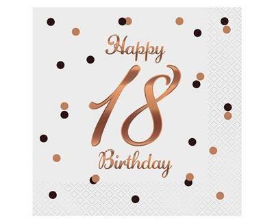 Serwetki urodzinowe Happy 18 Birthday białe, rose gold 33cm, 20 szt. Serwetki urodzinowe Happy 18 Birthday białe, rose gold 33cm, 20 szt.