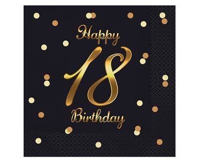 Serwetki urodzinowe Happy 18 Birthday czarne, 33 cm 20 sztuk Serwetki urodzinowe Happy 18 Birthday czarne, 33 cm 20 sztuk
