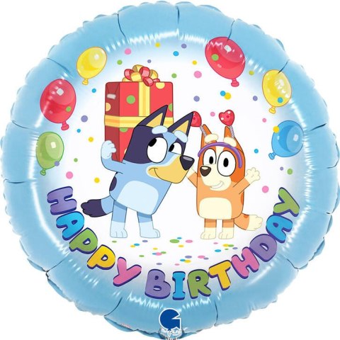Balon foliowy Happy Birthday, Bluey Blue, okrągły, 46 cm Balon foliowy Happy Birthday, Bluey Blue, okrągły, 46 cm