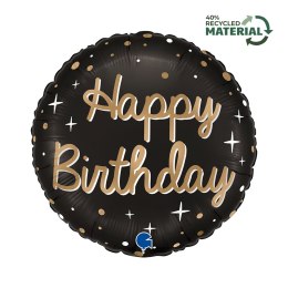Balon foliowy, Okrągły, Czarny, 46 cm, Urodziny, Happy Birthday