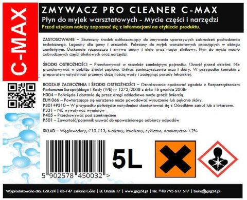 Płyn zmywacz do części i narzędzi do myjki warsztatowej PRO CLEANER C-MAX 5L Płyn zmywacz do części i narzędzi do myjki warsztatowej PRO CLEANER C-MAX 5L