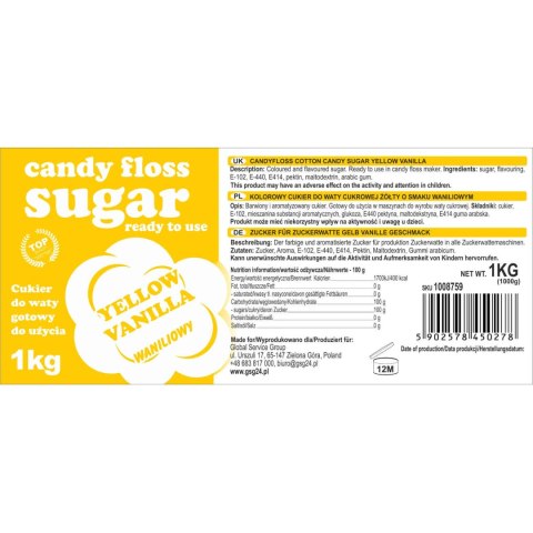 Kolorowy cukier do waty cukrowej żółty o smaku waniliowym 1kg Kolorowy cukier do waty cukrowej żółty o smaku waniliowym 1kg