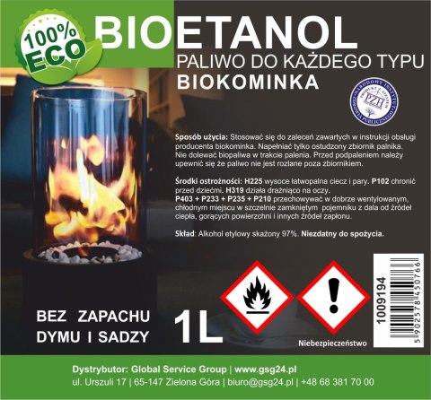 Bioalkohol bioetanol BIO paliwo do biokominka 1L Bioalkohol bioetanol BIO paliwo do biokominka 1L