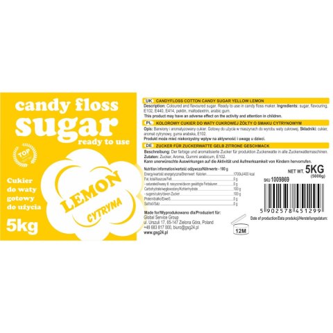 Kolorowy smakowy cukier do waty cukrowej żółty o smaku cytrynowym 5kg Kolorowy smakowy cukier do waty cukrowej żółty o smaku cytrynowym 5kg