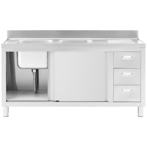 Zlew basen gastronomiczny dwukomorowy z szafką z drzwiami przesuwnymi szufladami stalowy 160 x 60 x 95 cm Zlew basen gastronomiczny dwukomorowy z szafką z drzwiami przesuwnymi szufladami stalowy 160 x 60 x 95 cm