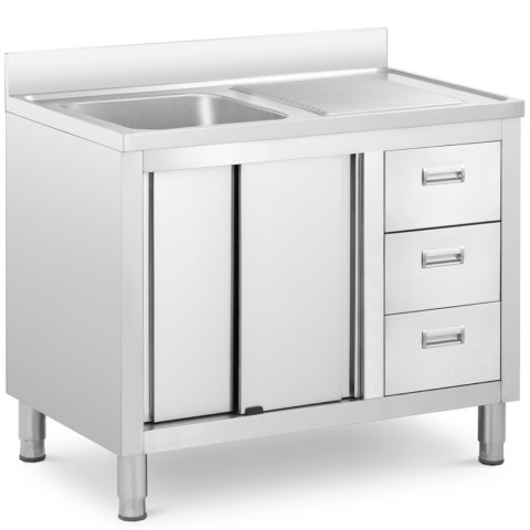 Zlew basen gastronomiczny jednokomorowy z szafką z drzwiami przesuwnymi szufladami stalowy 100 x 60 x 94.5 cm Zlew basen gastronomiczny jednokomorowy z szafką z drzwiami przesuwnymi szufladami stalowy 100 x 60 x 94.5 cm
