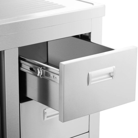 Zlew basen gastronomiczny jednokomorowy z szafką z drzwiami przesuwnymi szufladami stalowy 100 x 60 x 94.5 cm Zlew basen gastronomiczny jednokomorowy z szafką z drzwiami przesuwnymi szufladami stalowy 100 x 60 x 94.5 cm