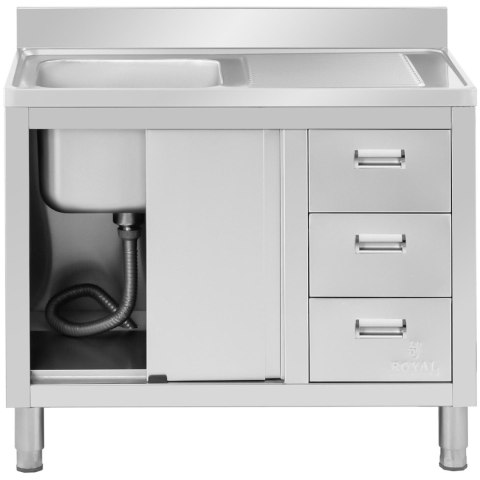 Zlew basen gastronomiczny jednokomorowy z szafką z drzwiami przesuwnymi szufladami stalowy 100 x 60 x 94.5 cm Zlew basen gastronomiczny jednokomorowy z szafką z drzwiami przesuwnymi szufladami stalowy 100 x 60 x 94.5 cm