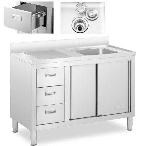 Zlew basen gastronomiczny jednokomorowy z szafką z drzwiami przesuwnymi szufladami stalowy 120 x 60 x 94 cm Zlew basen gastronomiczny jednokomorowy z szafką z drzwiami przesuwnymi szufladami stalowy 120 x 60 x 94 cm