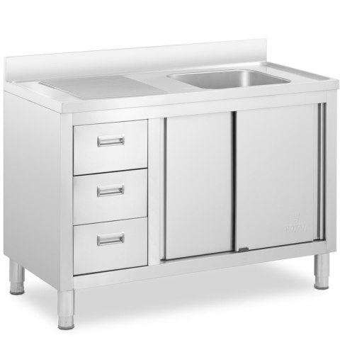Zlew basen gastronomiczny jednokomorowy z szafką z drzwiami przesuwnymi szufladami stalowy 120 x 60 x 94 cm Zlew basen gastronomiczny jednokomorowy z szafką z drzwiami przesuwnymi szufladami stalowy 120 x 60 x 94 cm