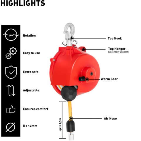Balanser linkowy odciążnik z wężem pneumatycznym 0,5 - 1,5 kg 1,3 m Balanser linkowy odciążnik z wężem pneumatycznym 0,5 - 1,5 kg 1,3 m