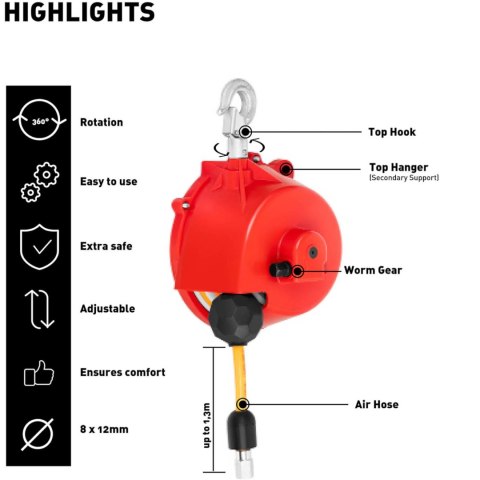 Balanser linkowy odciążnik z wężem pneumatycznym 5 - 6,5 kg 1,3 m Balanser linkowy odciążnik z wężem pneumatycznym 5 - 6,5 kg 1,3 m