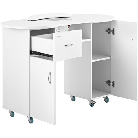 Biurko stolik do manicure kosmetyczny z pochłaniaczem pyłu i szafkami na kółkach 120x50x80 cm biały Biurko stolik do manicure kosmetyczny z pochłaniaczem pyłu i szafkami na kółkach 120x50x80 cm biały