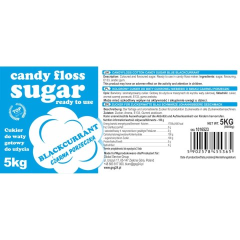 Kolorowy cukier do waty cukrowej niebieski o smaku czarnej porzeczki 5kg Kolorowy cukier do waty cukrowej niebieski o smaku czarnej porzeczki 5kg