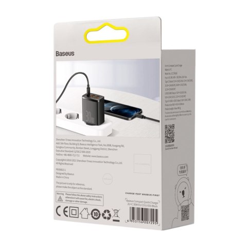 Compact szybka ładowarka sieciowa 2x USB USB-C 30W 3A PD QC czarny Compact szybka ładowarka sieciowa 2x USB USB-C 30W 3A PD QC czarny