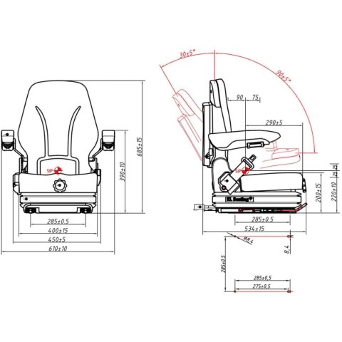 Siedzenie fotel regulowany z podłokietnikami i pasem do ciągnika siedzisko 42x47cm Siedzenie fotel regulowany z podłokietnikami i pasem do ciągnika siedzisko 42x47cm