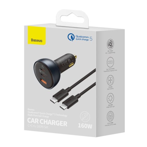 Szybka ładowarka samochodowa USB USB-C 160W PPS Quick Charge 5 PD szary Szybka ładowarka samochodowa USB USB-C 160W PPS Quick Charge 5 PD szary