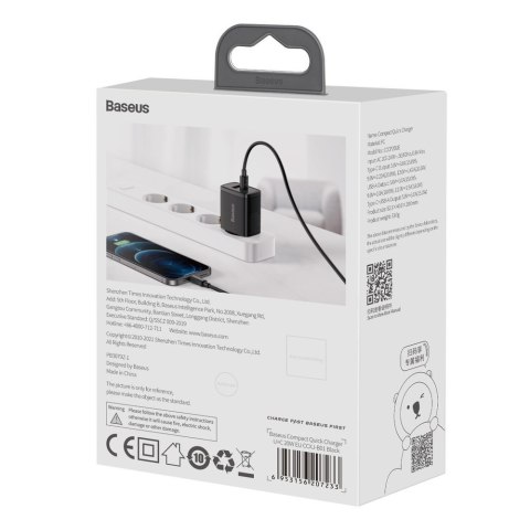 Szybka ładowarka sieciowa Compact USB USB-C 20W 3A PD QC 3.0 czarny Szybka ładowarka sieciowa Compact USB USB-C 20W 3A PD QC 3.0 czarny