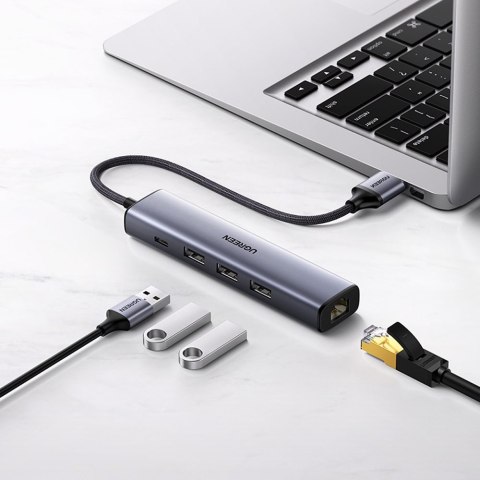 Wielofunkcyjny HUB adapter rozdzielacz USB 3.0 - 3x USB Ethernet RJ-45 USB-C PD szary Wielofunkcyjny HUB adapter rozdzielacz USB 3.0 - 3x USB Ethernet RJ-45 USB-C PD szary