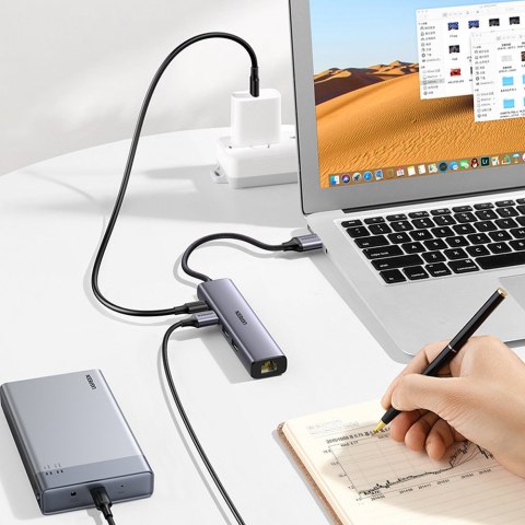 Wielofunkcyjny HUB adapter rozdzielacz USB 3.0 - 3x USB Ethernet RJ-45 USB-C PD szary Wielofunkcyjny HUB adapter rozdzielacz USB 3.0 - 3x USB Ethernet RJ-45 USB-C PD szary