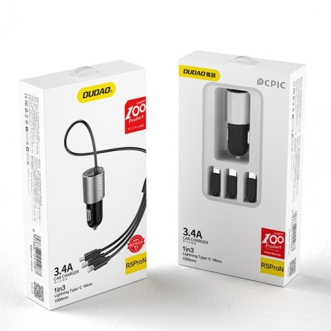 3w1 ładowarka samochodowa USB + wbudowany kabel Lightning USB-C micro USB czarny 3w1 ładowarka samochodowa USB + wbudowany kabel Lightning USB-C micro USB czarny