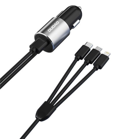 3w1 ładowarka samochodowa USB + wbudowany kabel Lightning USB-C micro USB czarny 3w1 ładowarka samochodowa USB + wbudowany kabel Lightning USB-C micro USB czarny