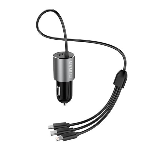 3w1 ładowarka samochodowa USB + wbudowany kabel Lightning USB-C micro USB czarny 3w1 ładowarka samochodowa USB + wbudowany kabel Lightning USB-C micro USB czarny