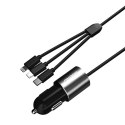 3w1 ładowarka samochodowa USB + wbudowany kabel Lightning USB-C micro USB czarny 3w1 ładowarka samochodowa USB + wbudowany kabel Lightning USB-C micro USB czarny