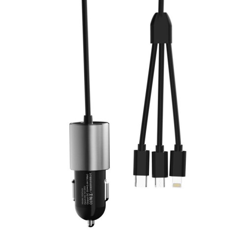 3w1 ładowarka samochodowa USB + wbudowany kabel Lightning USB-C micro USB czarny 3w1 ładowarka samochodowa USB + wbudowany kabel Lightning USB-C micro USB czarny