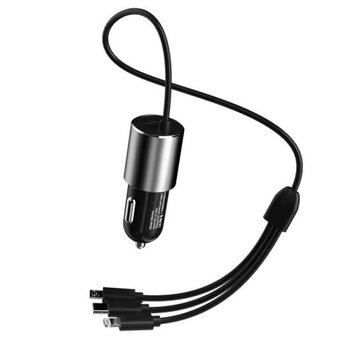 3w1 ładowarka samochodowa USB + wbudowany kabel Lightning USB-C micro USB czarny 3w1 ładowarka samochodowa USB + wbudowany kabel Lightning USB-C micro USB czarny