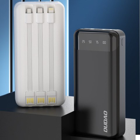 Pojemny powerbank 20000mAh z 3 wbudowanymi kablami USB-C microUSB Lightning biały Pojemny powerbank 20000mAh z 3 wbudowanymi kablami USB-C microUSB Lightning biały