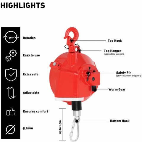 Balanser linkowy sprężynowy odciążnik do narzędzi 15 - 22 kg 1.5 m Balanser linkowy sprężynowy odciążnik do narzędzi 15 - 22 kg 1.5 m